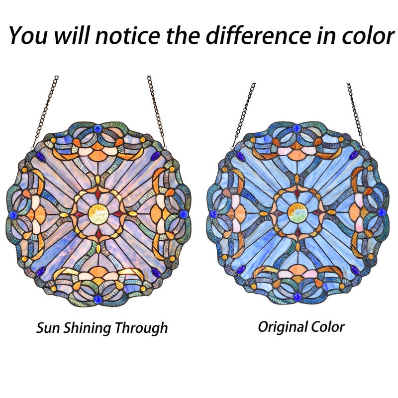 Bieye W10069 Baroque Tiffany Style Stained Glass Window Panel, Round Shape, 16 inches Wide - Image 2